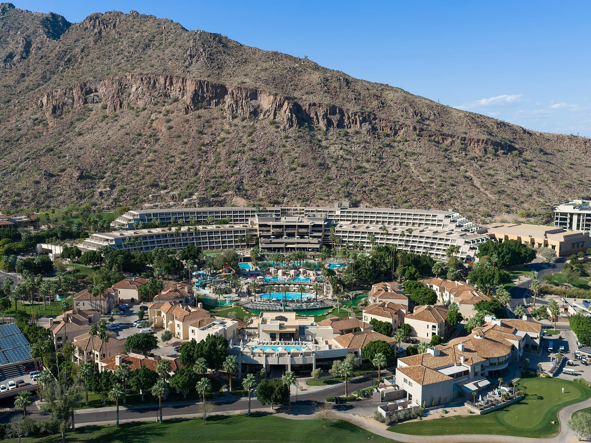 A luxury resort pool complex in the Arizona desert