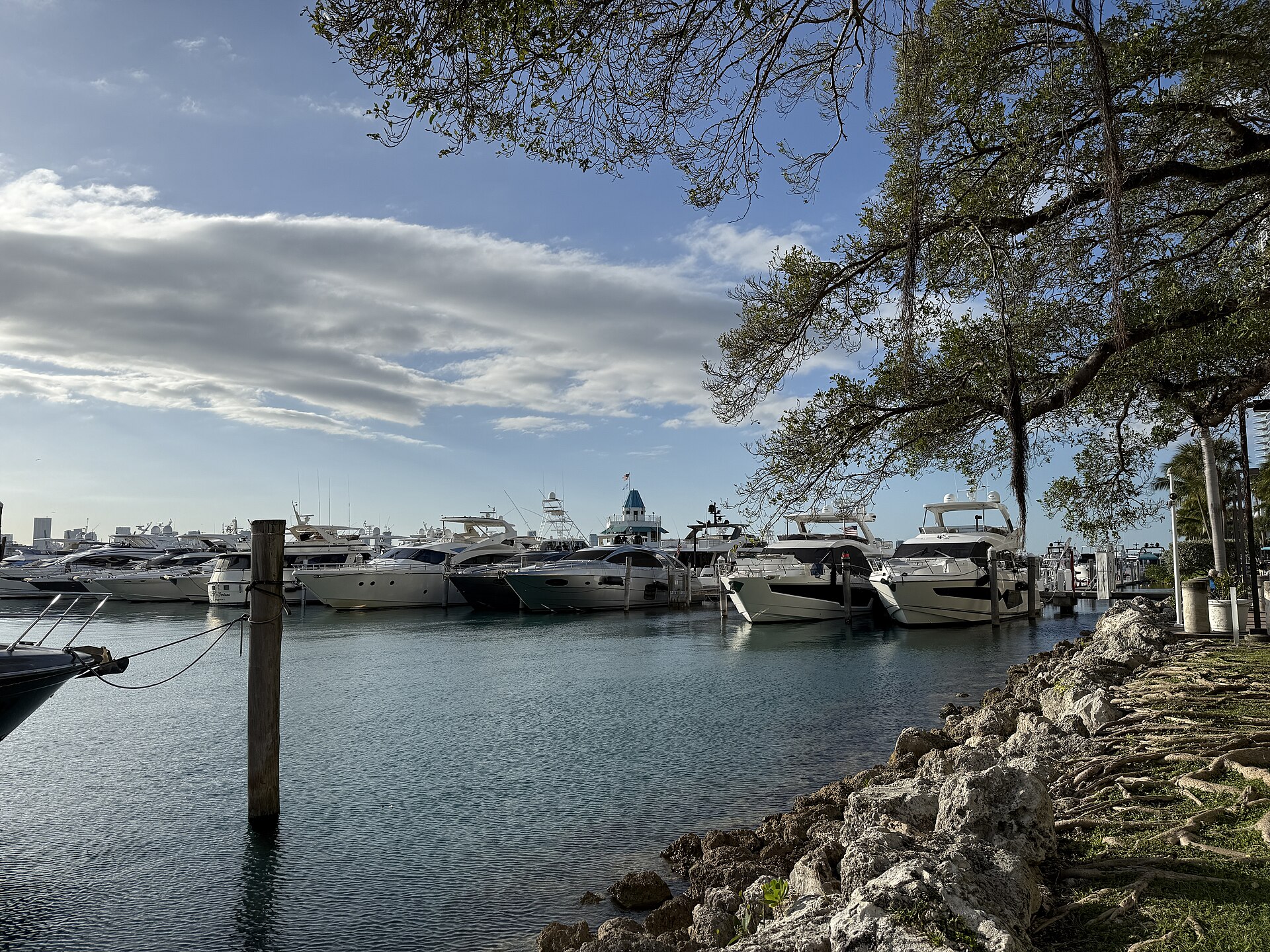 Yachts and the waterfront skyline of Miami under warm evening light